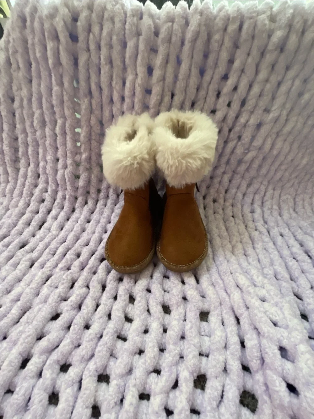 Girls' Brown Faux Suede Winter Boots with Cream Fur Trim